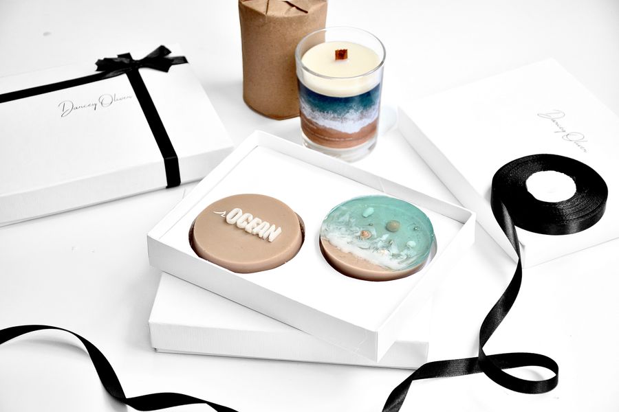 Open gift box with soap products and insert tray