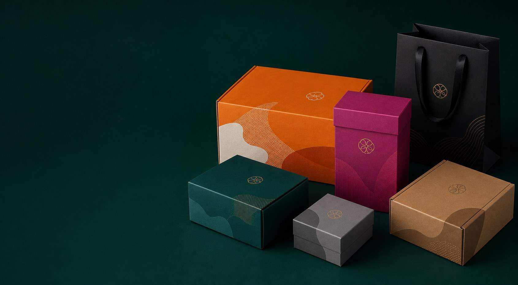 Custom printed boxes, rigid gift boxes, folding cartons and paper bags on a dark green background
