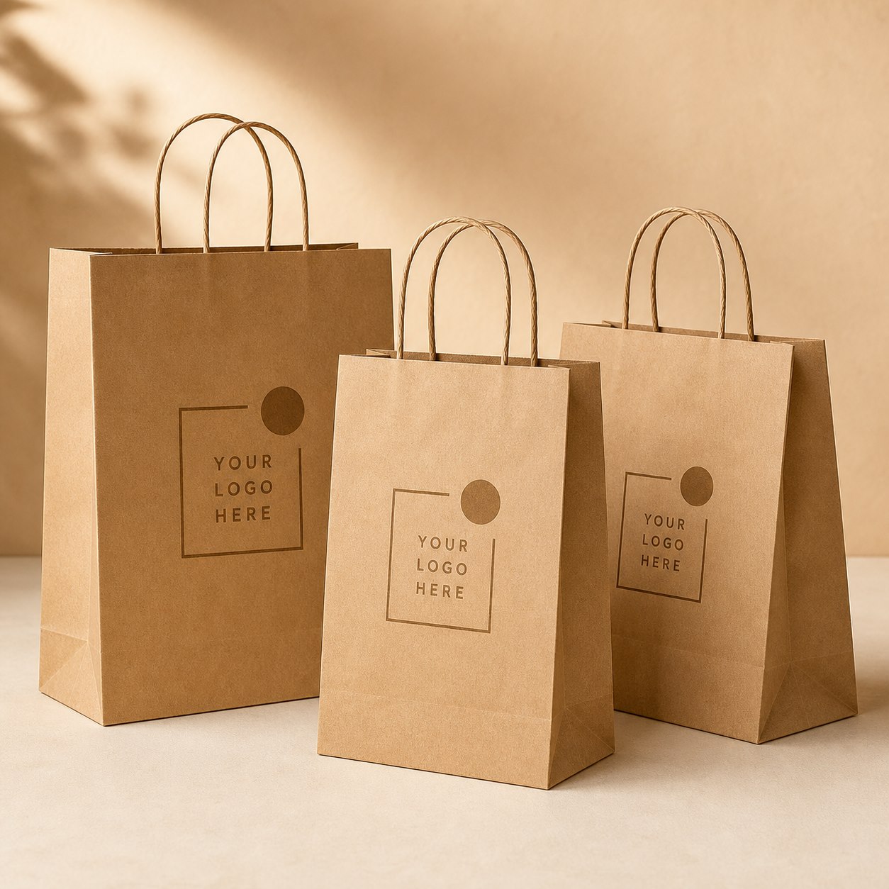Kraft paper shopping bags with printed logo placeholder and twisted handles