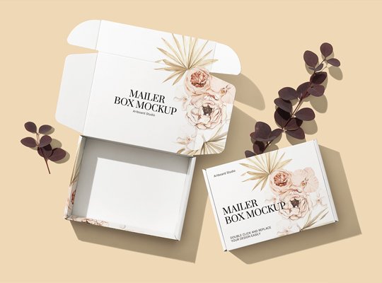 Custom printed mailer boxes laid flat for ecommerce delivery