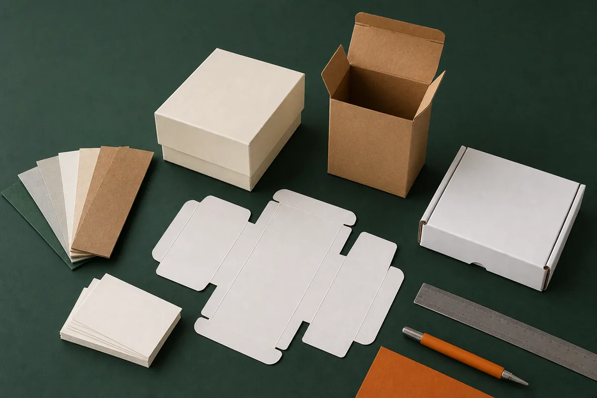 Custom box structures, paper samples and a packaging dieline prepared for quoting